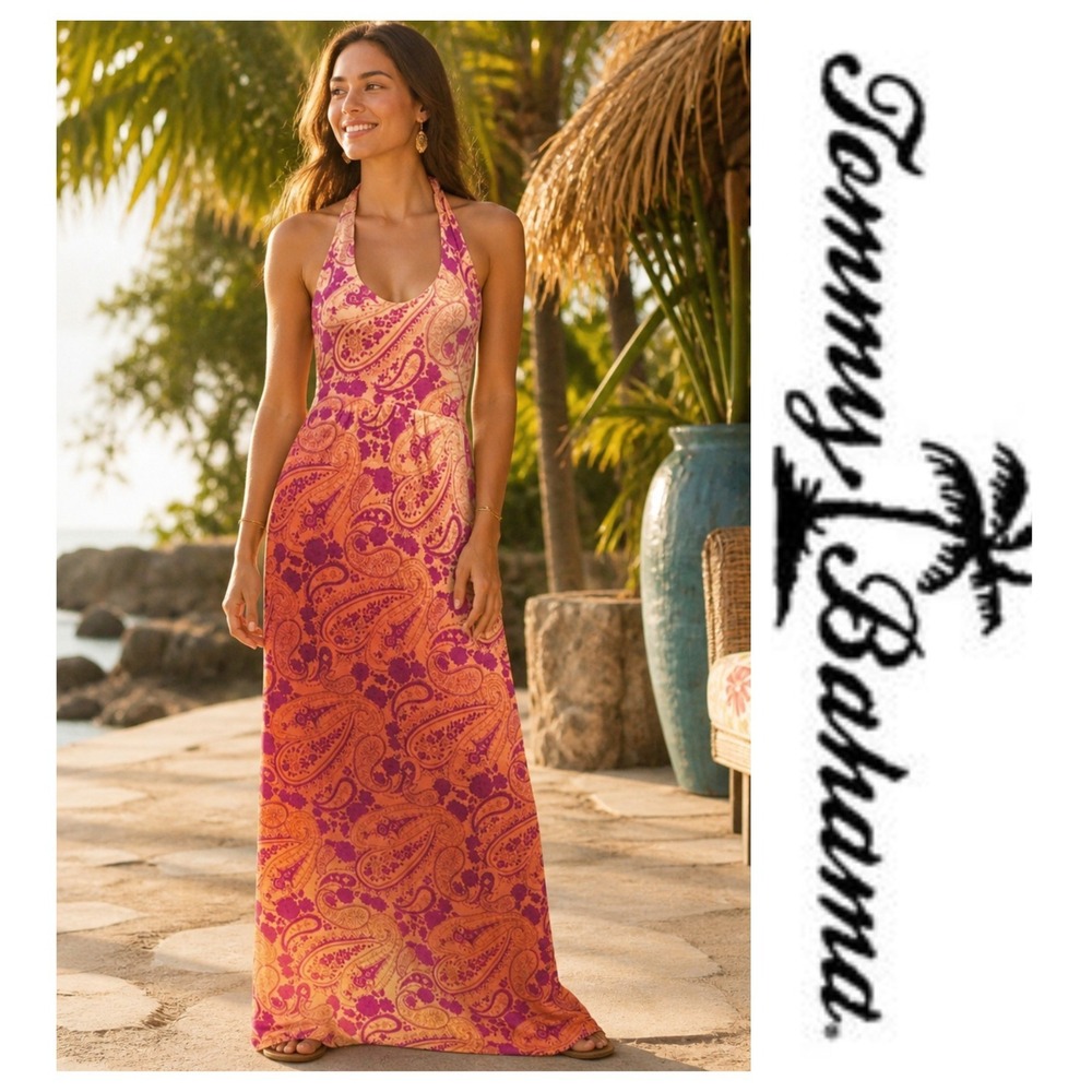 Tommy Bahama Casa Sunrise Orange Paisley Halter Maxi Dress Size XL